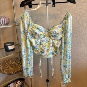 Madden NYC Blue Green Floral Ruched Tie Front Crop Top Long Sleeve Size S